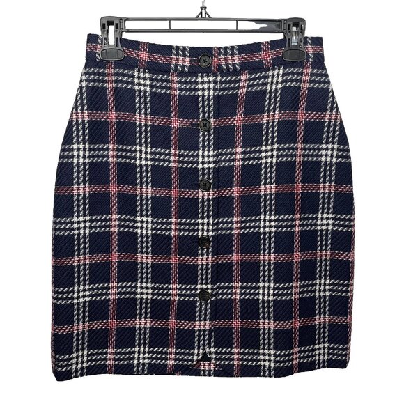 Brooks Brothers Mini Skirt Size 2 Wool Blend Navy Blue Houndstooth Plaid - Picture 1 of 5